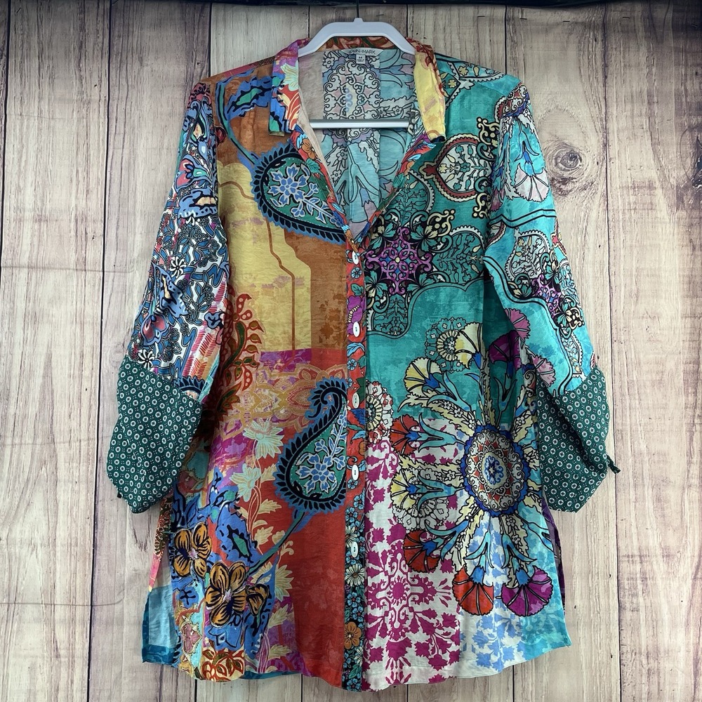 John Mark Mixed Print Tunic Top Size M Multicolor Boho Artsy Paisley